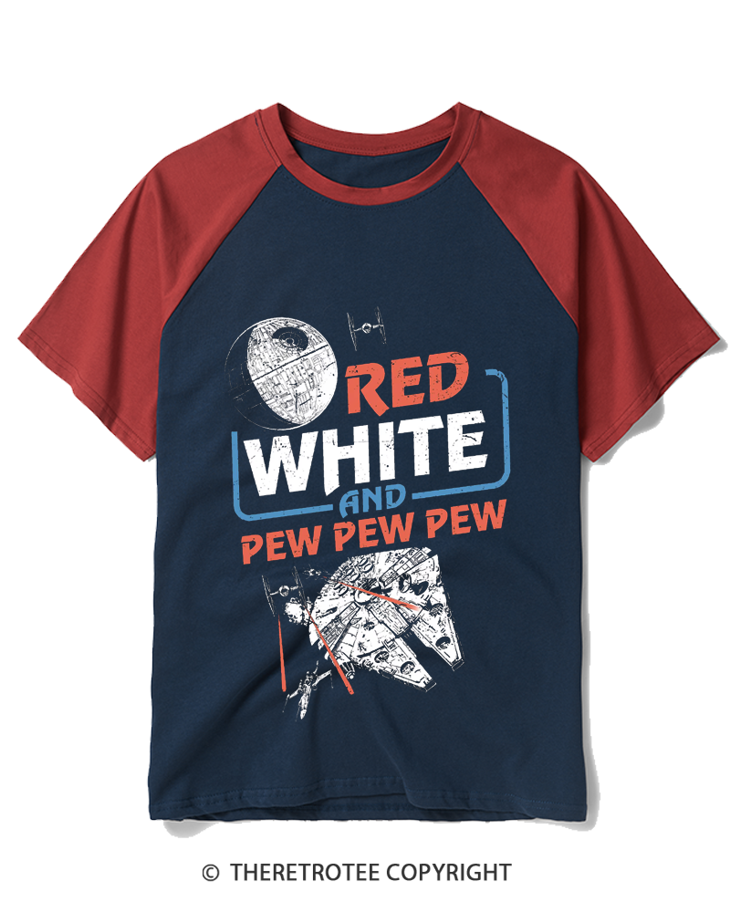 TheRetroTee Red White And Pew Pew Pew 1980s Raglan Baseball T-Shirt