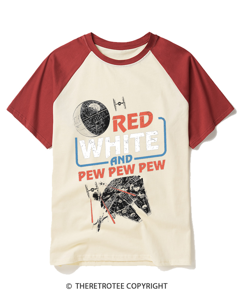 TheRetroTee Red White And Pew Pew Pew 1980s Raglan Baseball T-Shirt