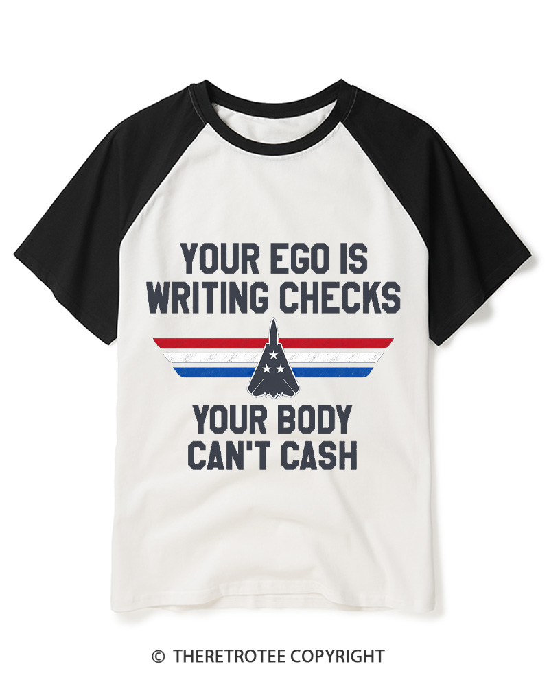 TheRetroTee Ego Checks Movie Quote 1980s Raglan Baseball T-Shirt