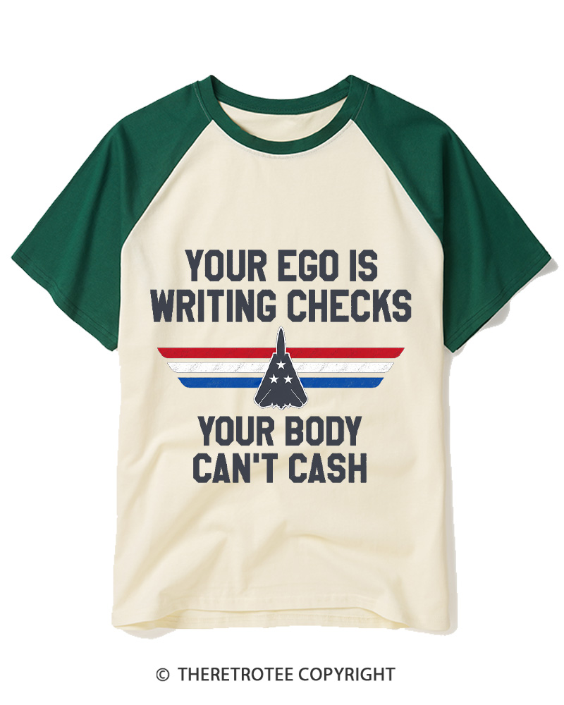 TheRetroTee Ego Checks Movie Quote 1980s Raglan Baseball T-Shirt