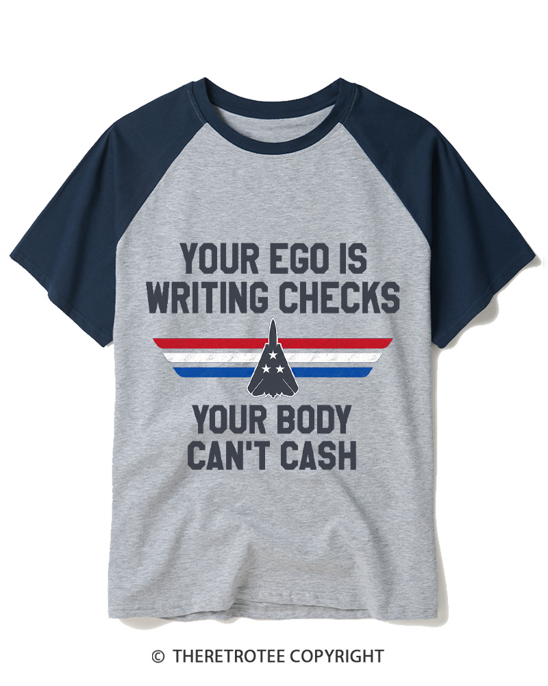 TheRetroTee Ego Checks Movie Quote 1980s Raglan Baseball T-Shirt