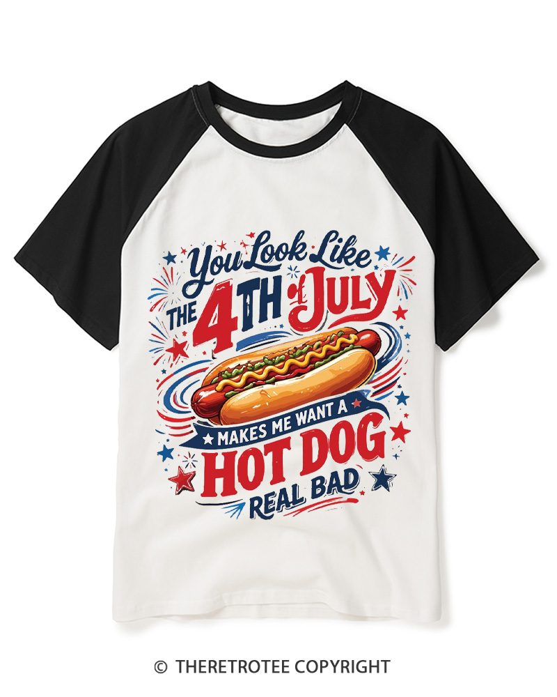 TheRetroTee Fourth Of July Shirt Hot Dog 1990s Raglan Baseball T-Shirt