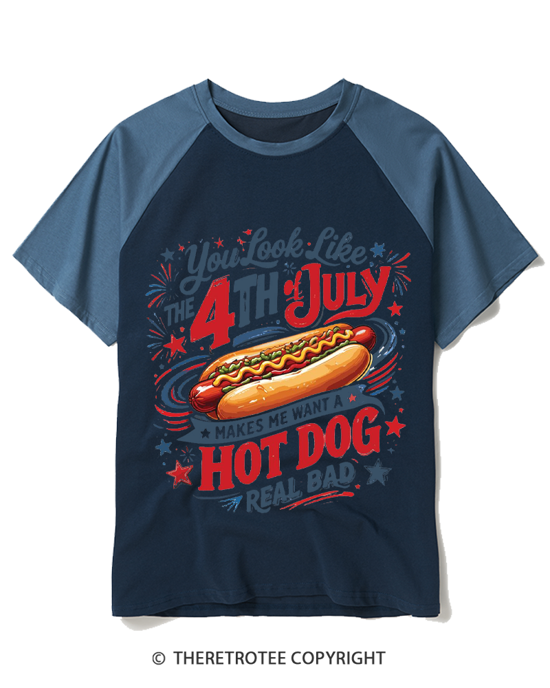 TheRetroTee Fourth Of July Shirt Hot Dog 1990s Raglan Baseball T-Shirt
