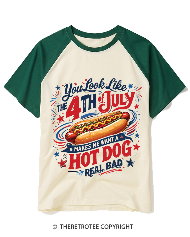 TheRetroTee Fourth Of July Shirt Hot Dog 1990s Raglan Baseball T-Shirt