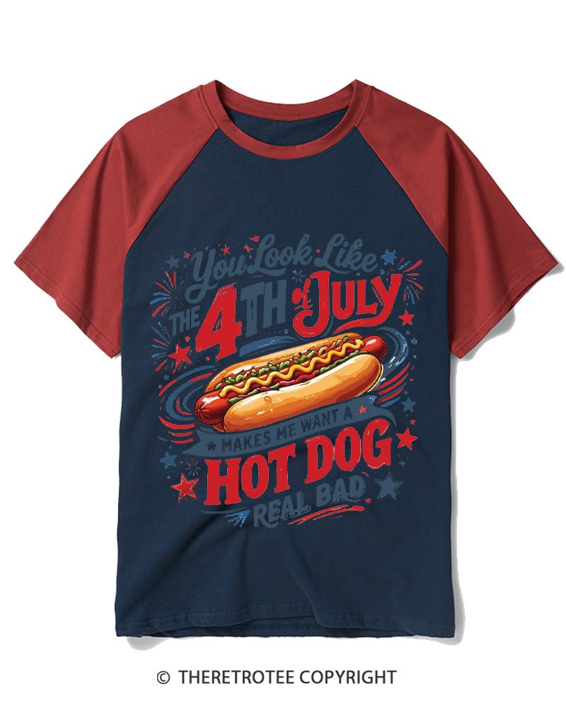 TheRetroTee Fourth Of July Shirt Hot Dog 1990s Raglan Baseball T-Shirt
