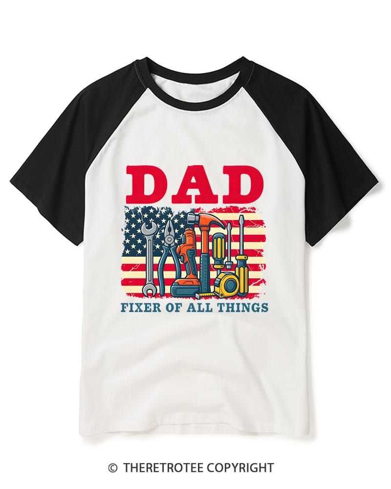 TheRetroTee Dad Fixer Of All Things American Flag Raglan Baseball T-Shirt
