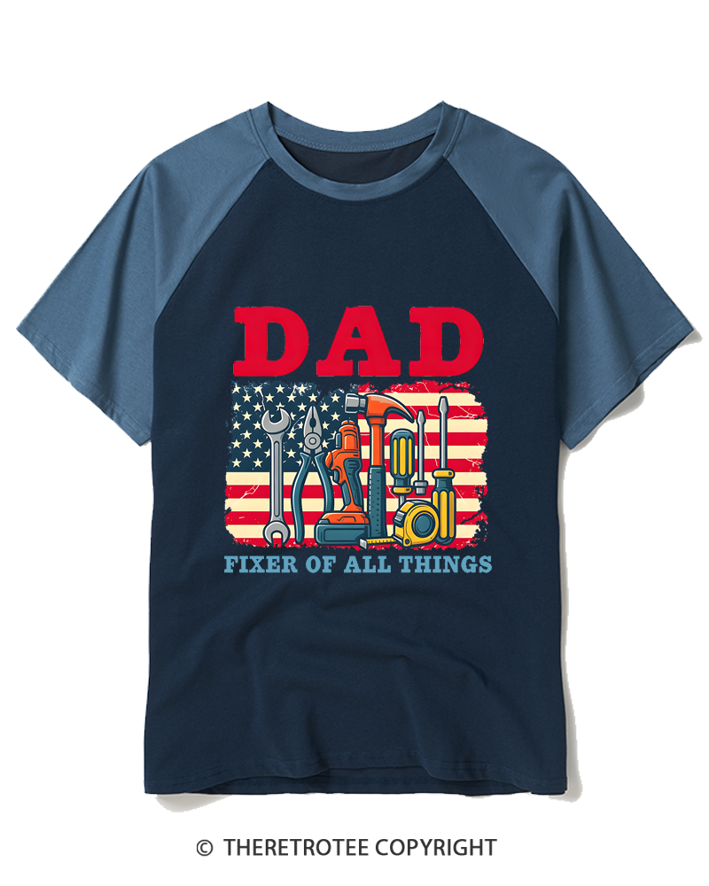 TheRetroTee Dad Fixer Of All Things American Flag Raglan Baseball T-Shirt
