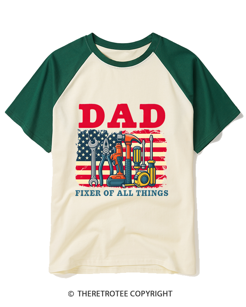 TheRetroTee Dad Fixer Of All Things American Flag Raglan Baseball T-Shirt