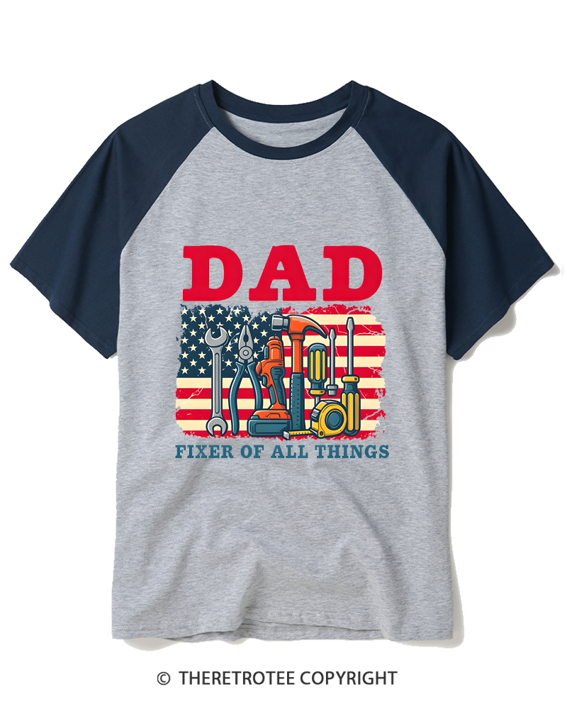 TheRetroTee Dad Fixer Of All Things American Flag Raglan Baseball T-Shirt