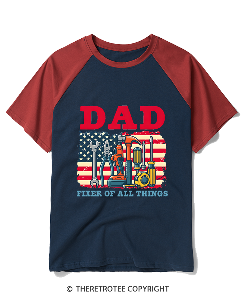 TheRetroTee Dad Fixer Of All Things American Flag Raglan Baseball T-Shirt