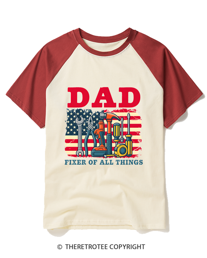 TheRetroTee Dad Fixer Of All Things American Flag Raglan Baseball T-Shirt