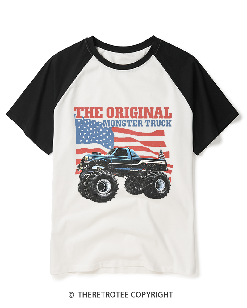 TheRetroTee Monster Truck Flag Bigfoot 1970s Raglan Baseball T-Shirt