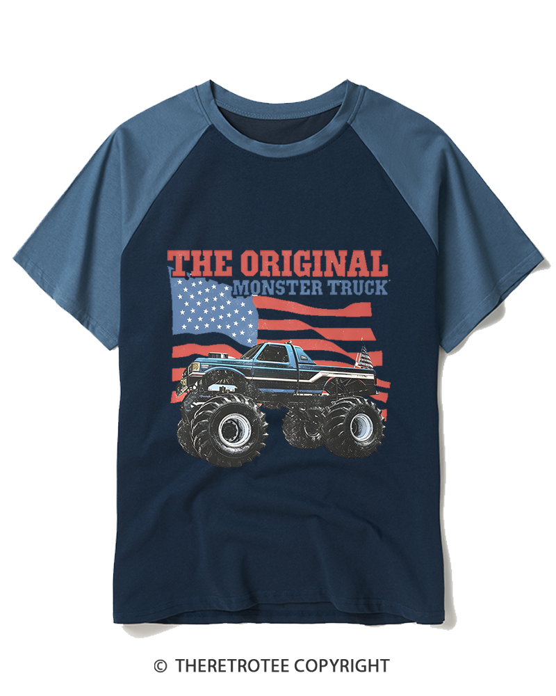 TheRetroTee Monster Truck Flag Bigfoot 1970s Raglan Baseball T-Shirt