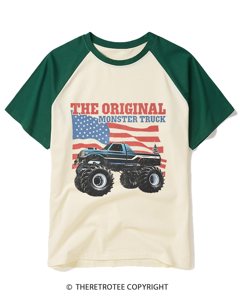 TheRetroTee Monster Truck Flag Bigfoot 1970s Raglan Baseball T-Shirt