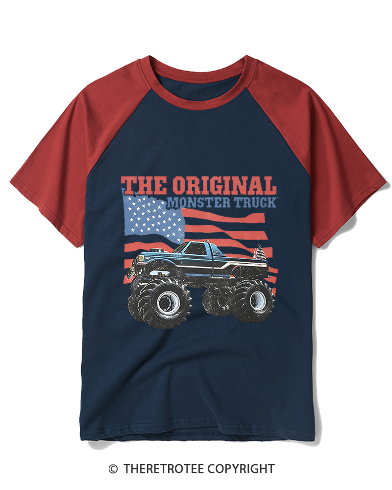 TheRetroTee Monster Truck Flag Bigfoot 1970s Raglan Baseball T-Shirt