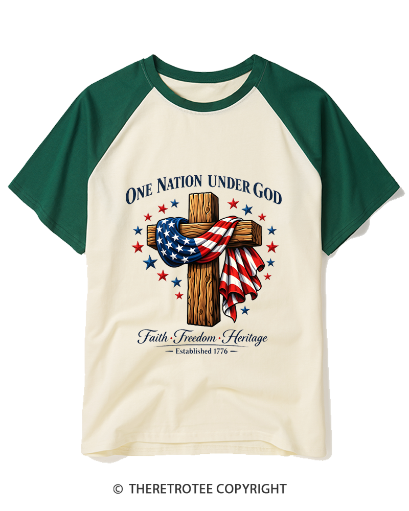 TheRetroTee One Nation Under God Raglan Baseball T-Shirt
