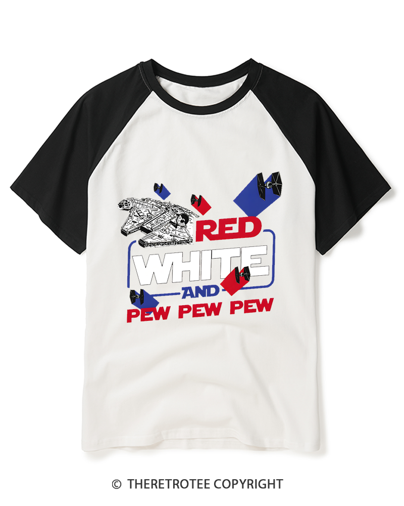 TheRetroTee Red White And Pew Pew Pew Raglan Baseball T-Shirt