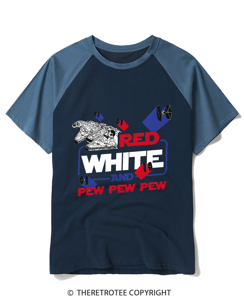 TheRetroTee Red White And Pew Pew Pew Raglan Baseball T-Shirt
