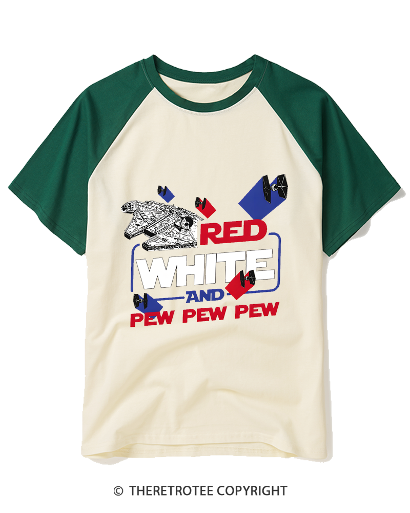 TheRetroTee Red White And Pew Pew Pew Raglan Baseball T-Shirt