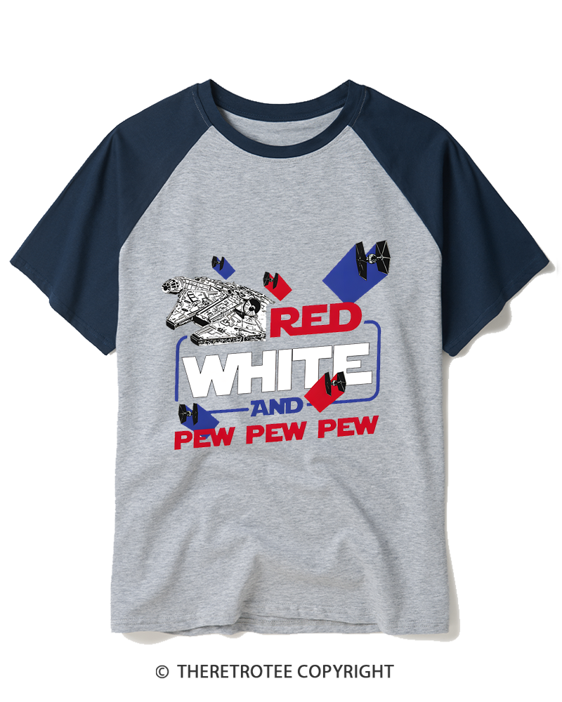 TheRetroTee Red White And Pew Pew Pew Raglan Baseball T-Shirt