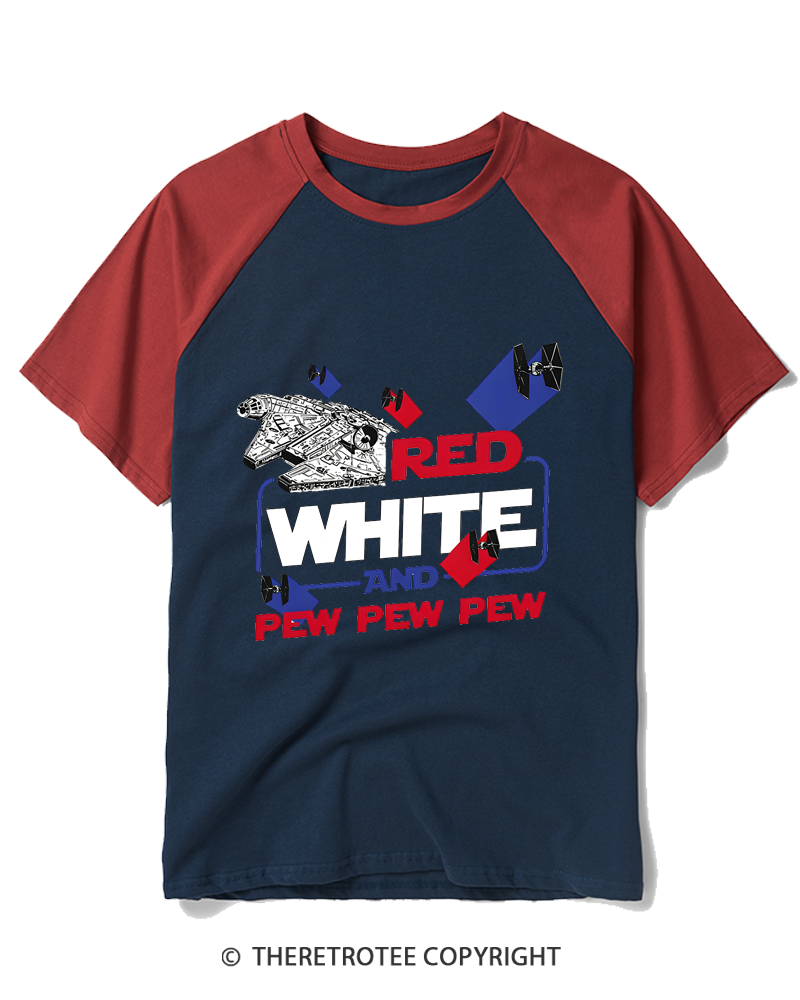 TheRetroTee Red White And Pew Pew Pew Raglan Baseball T-Shirt