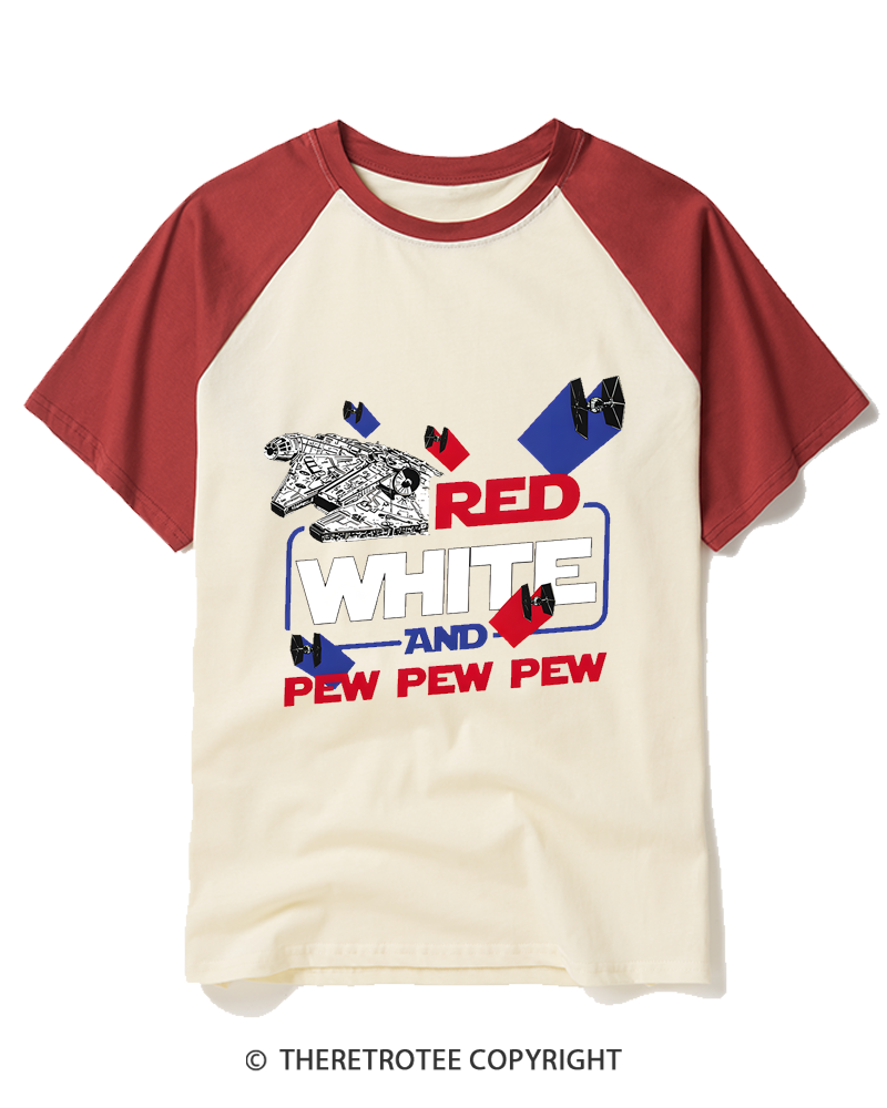 TheRetroTee Red White And Pew Pew Pew Raglan Baseball T-Shirt
