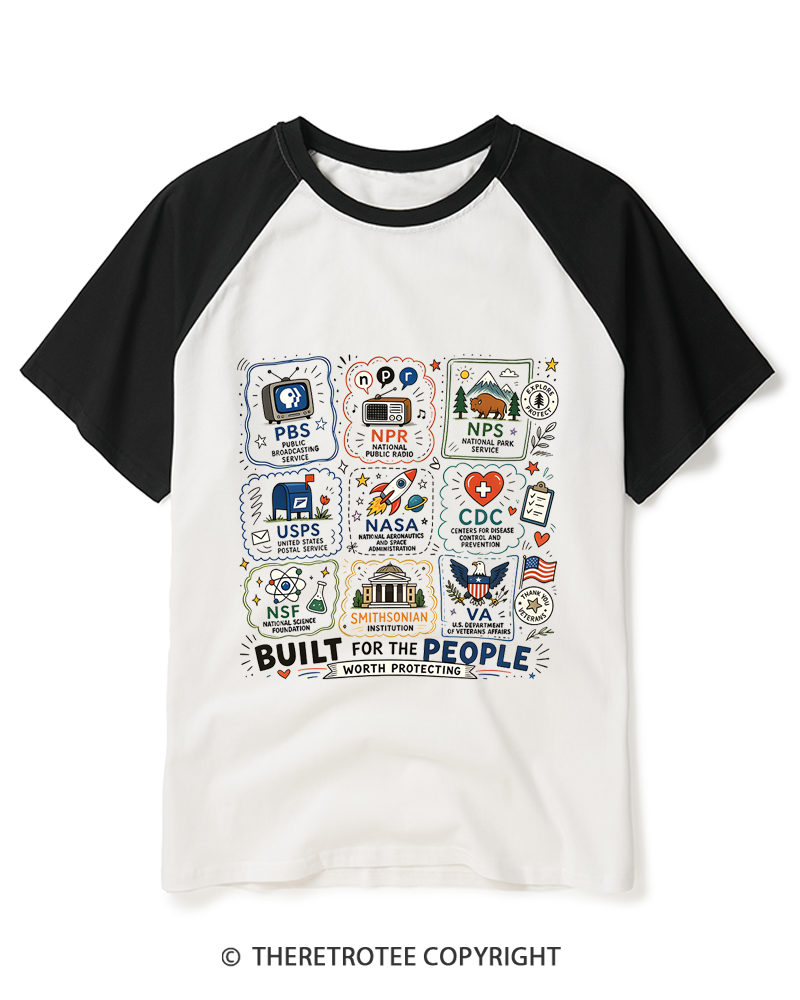 TheRetroTee Vintage Doodle Protect Democratic Institutions PBS NPR Raglan Baseball T-Shirt