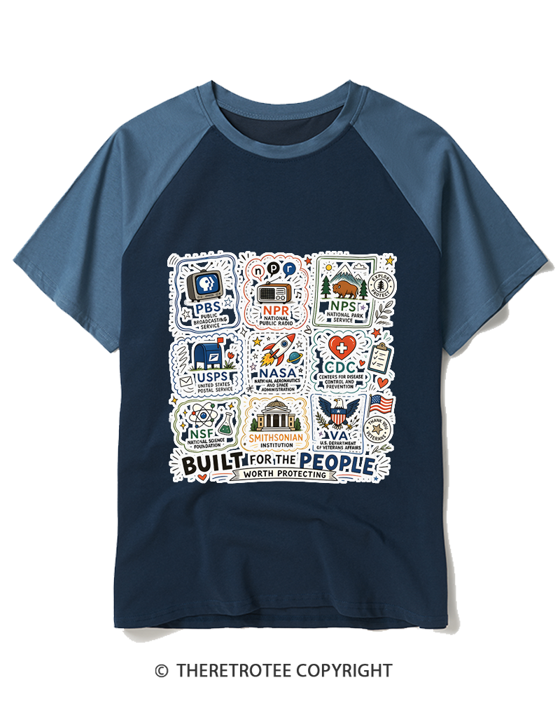 TheRetroTee Vintage Doodle Protect Democratic Institutions PBS NPR Raglan Baseball T-Shirt