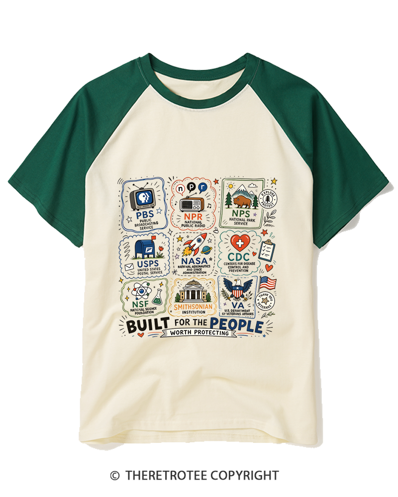 TheRetroTee Vintage Doodle Protect Democratic Institutions PBS NPR Raglan Baseball T-Shirt