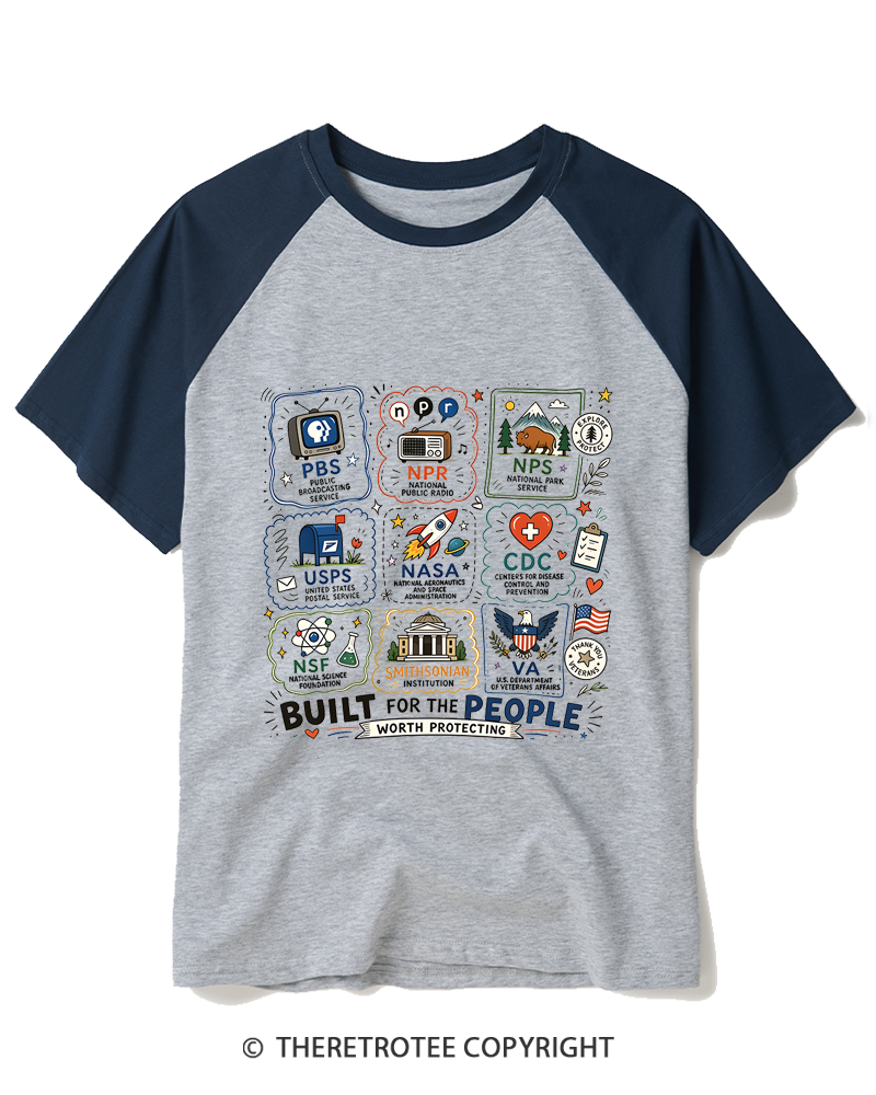 TheRetroTee Vintage Doodle Protect Democratic Institutions PBS NPR Raglan Baseball T-Shirt