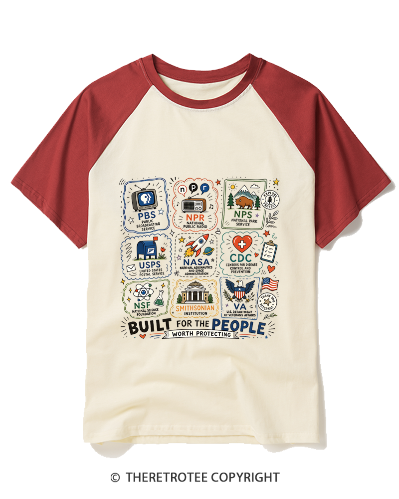 TheRetroTee Vintage Doodle Protect Democratic Institutions PBS NPR Raglan Baseball T-Shirt
