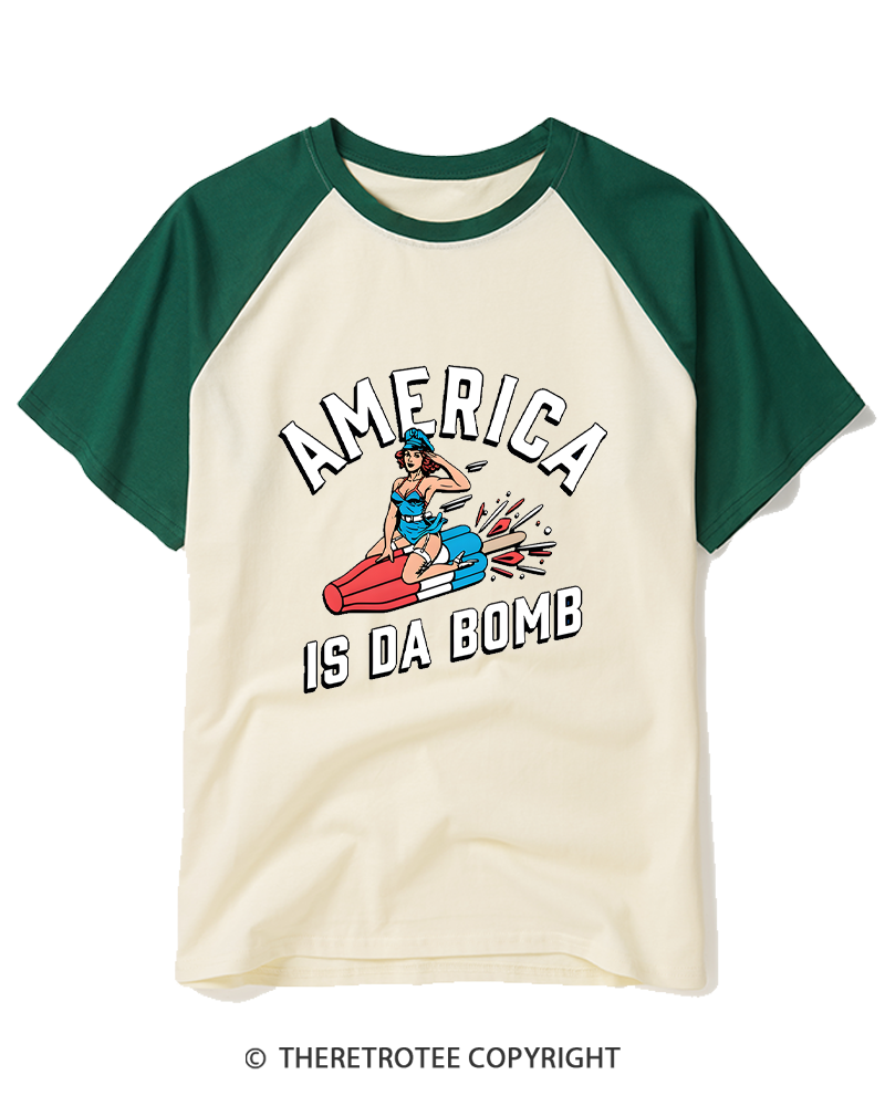TheRetroTee America is Da Bomb 1950s Raglan Baseball T-Shirt