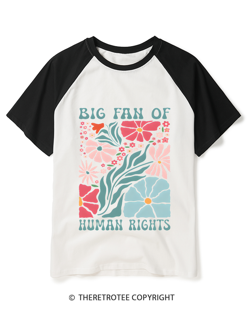 TheRetroTee Big Fan Of Human Rights 1970s Raglan Baseball T-Shirt