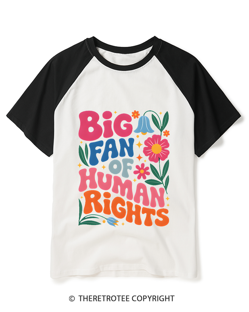 TheRetroTee Big Fan Of Human Rights 1970s Raglan Baseball T-Shirt