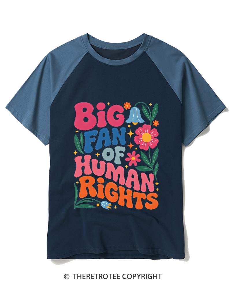 TheRetroTee Big Fan Of Human Rights 1970s Raglan Baseball T-Shirt