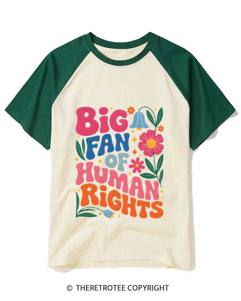 TheRetroTee Big Fan Of Human Rights 1970s Raglan Baseball T-Shirt