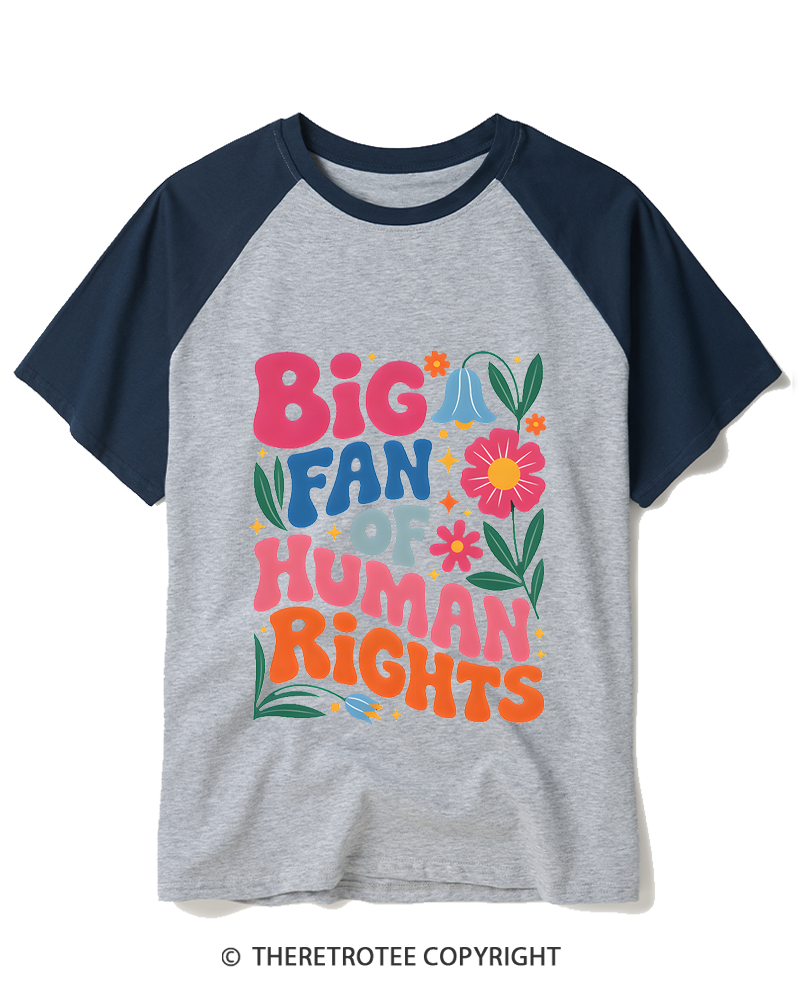 TheRetroTee Big Fan Of Human Rights 1970s Raglan Baseball T-Shirt