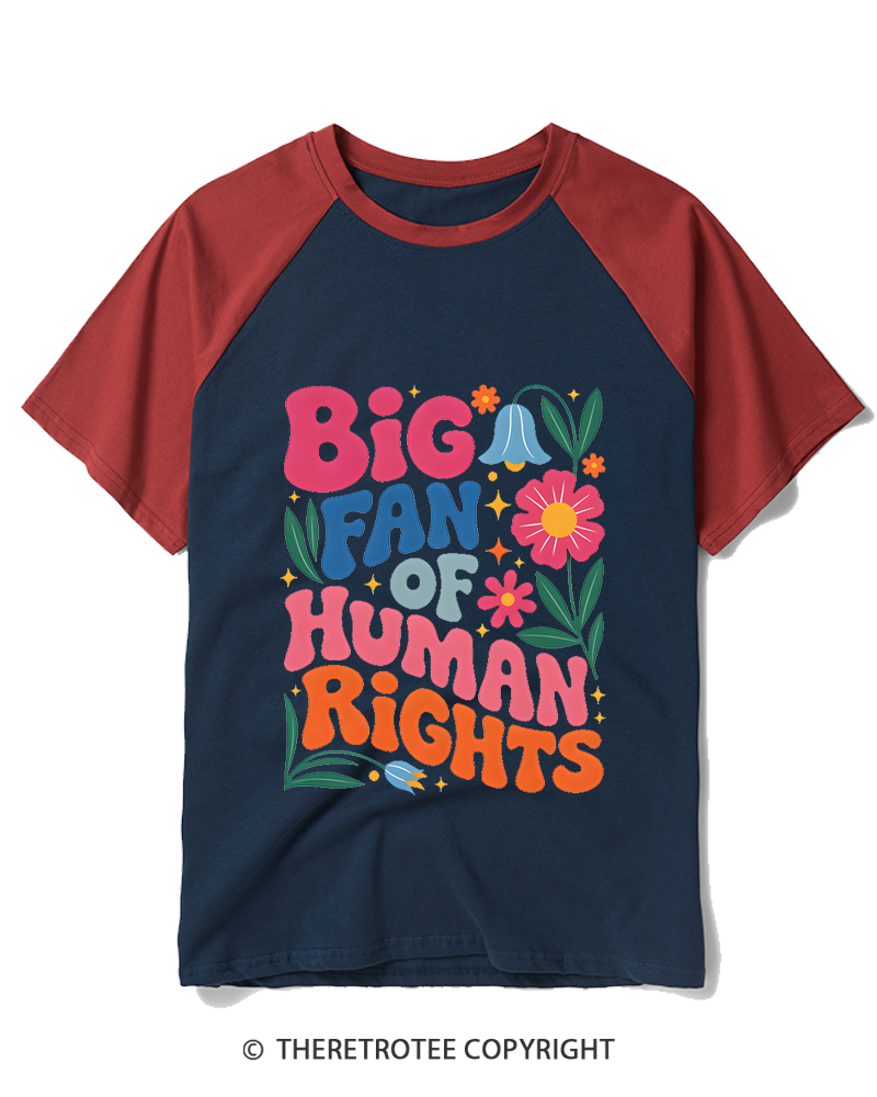 TheRetroTee Big Fan Of Human Rights 1970s Raglan Baseball T-Shirt