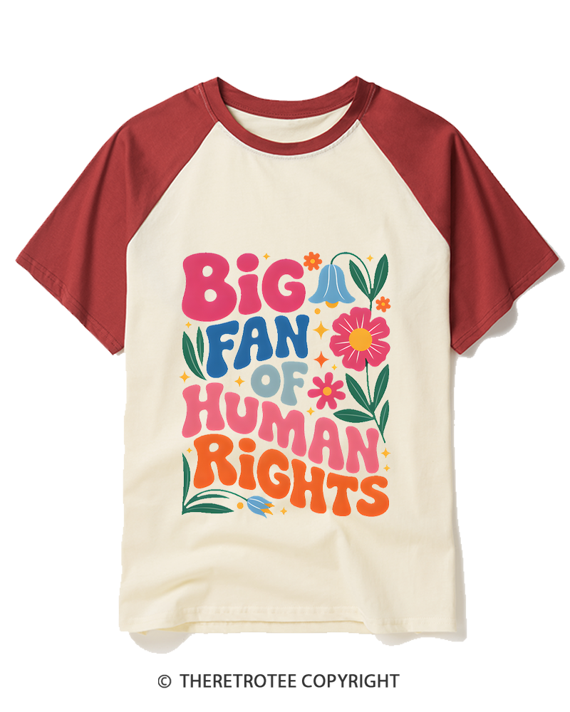 TheRetroTee Big Fan Of Human Rights 1970s Raglan Baseball T-Shirt