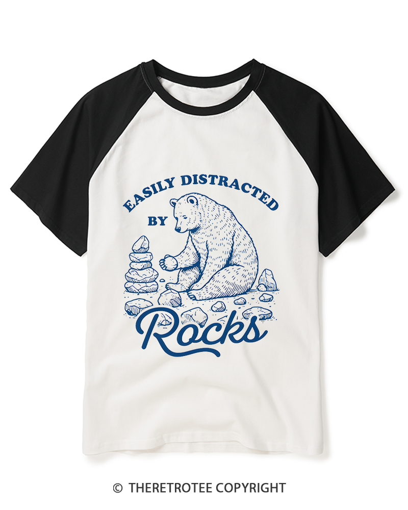 TheRetroTee Easily Distracted By Rocks 1980s Raglan Baseball T-Shirt