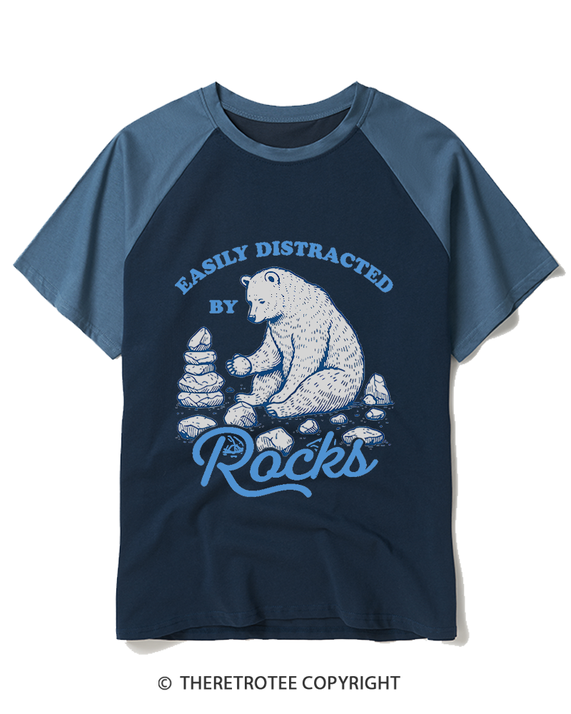 TheRetroTee Easily Distracted By Rocks 1980s Raglan Baseball T-Shirt