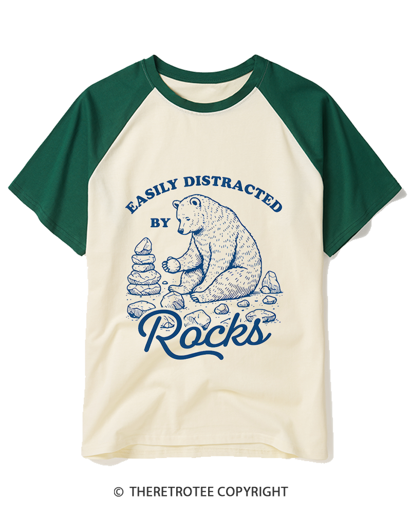 TheRetroTee Easily Distracted By Rocks 1980s Raglan Baseball T-Shirt