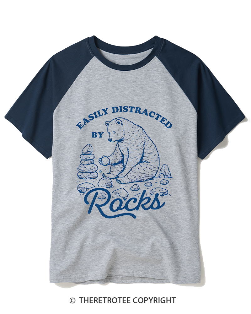 TheRetroTee Easily Distracted By Rocks 1980s Raglan Baseball T-Shirt