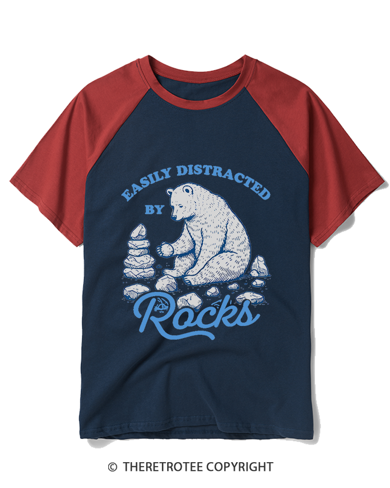 TheRetroTee Easily Distracted By Rocks 1980s Raglan Baseball T-Shirt