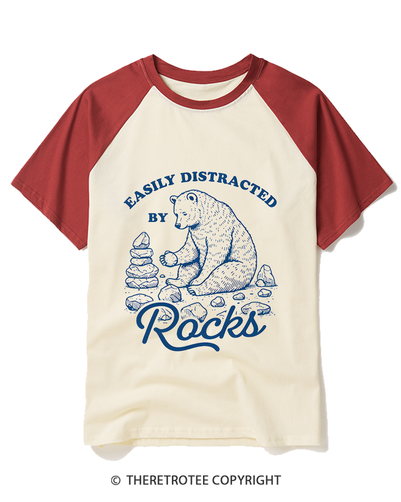 TheRetroTee Easily Distracted By Rocks 1980s Raglan Baseball T-Shirt