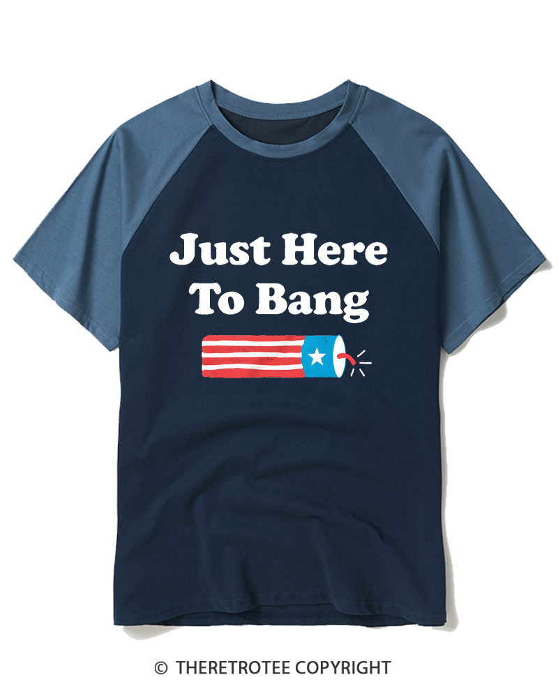TheRetroTee Just Here to Bang 1980s Raglan Baseball T-Shirt