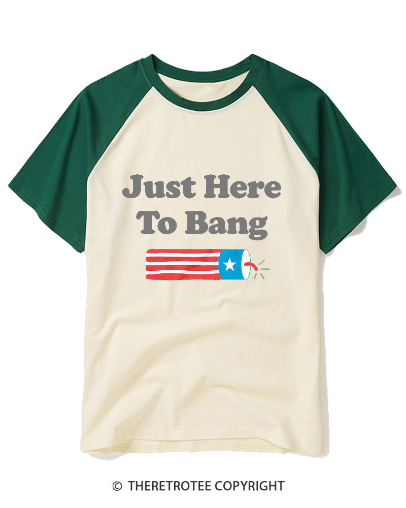TheRetroTee Just Here to Bang 1980s Raglan Baseball T-Shirt