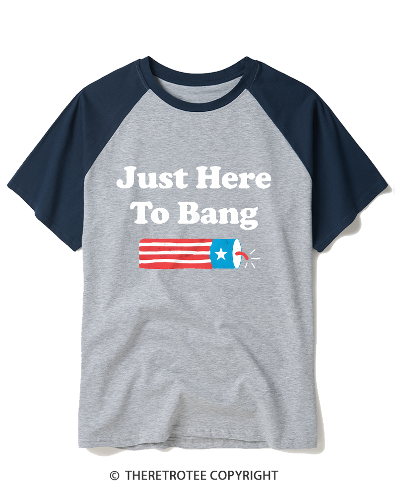 TheRetroTee Just Here to Bang 1980s Raglan Baseball T-Shirt