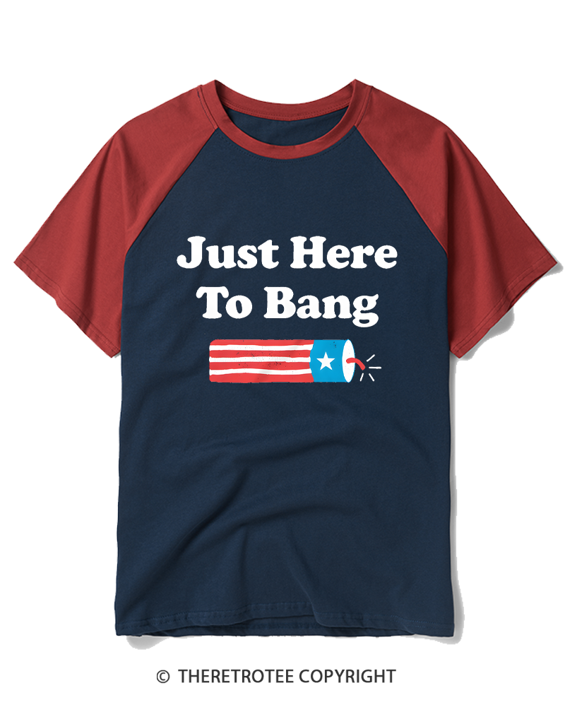 TheRetroTee Just Here to Bang 1980s Raglan Baseball T-Shirt