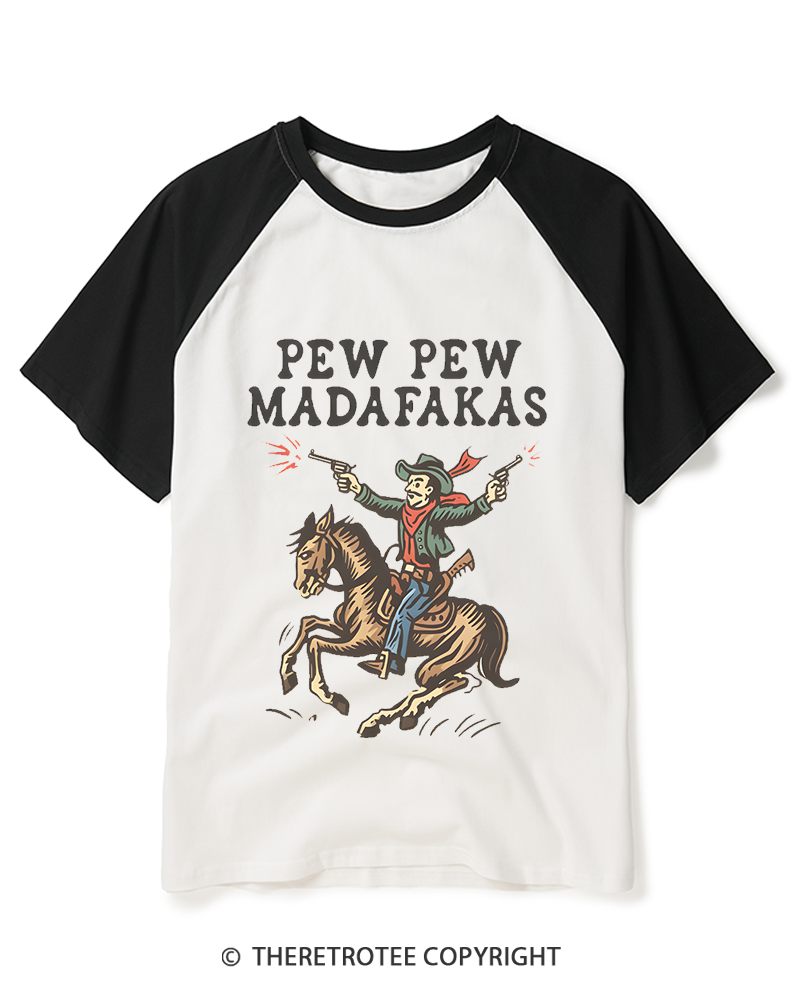 TheRetroTee Pew Pew Madafakas 1970s Raglan Baseball T-Shirt